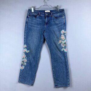 J Jill Straight Leg Jeans Womens 8 Cropped Authentic Fit Embroidered Flower Blue